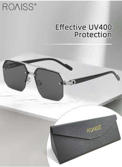 Buy Square Semi-Rimless Sunglasses for Men Women, UV400 Protection Trendy Anti-Glare Classic Sun Shades with Glasses Case for Shopping Party Travel 60mm, with Grey Lens in Saudi Arabia