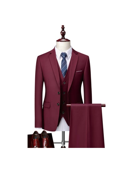 اشتري Mens Slim Fit Suit Vest Pants 3-Piece Set Wedding Dark red في السعودية