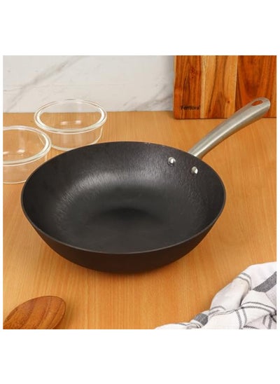 Buy Preseasoned Cast Iron Fry Pan, Wok Of 28cm Diameter With Tough Handle Non Toxic And Coating Free-1 Pc, Black in Saudi Arabia