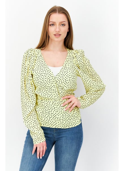 Buy Women Surplice Neck Long Sleeves Polka Dots Blouse, Yellow in Saudi Arabia