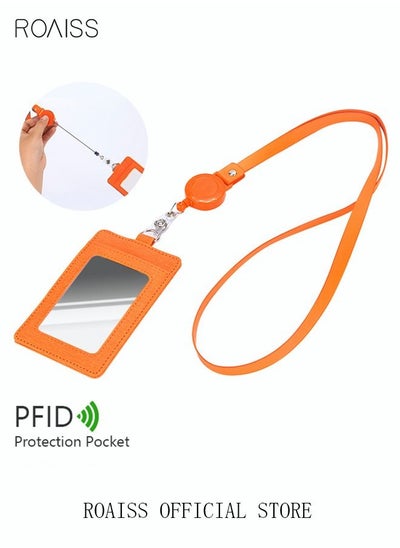 اشتري Unisex Leather ID Card Holder Wallet Case with Lanyard Strap Additional Retractable Badge Reel and 3 Cards Slot for Work School Orange في الامارات