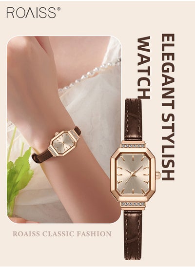 Buy Women's Leather Strap Quartz Watch, Analog Display Octagonal Dial Decorated with Rhinestones, Waterproof Simple Elegant Wristwatch as Gift for Ladies in Saudi Arabia