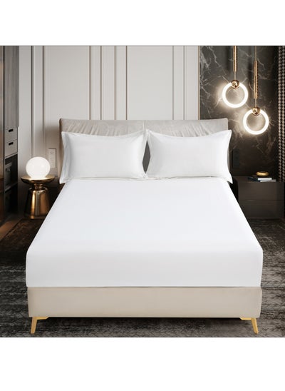 Buy Bedding Fitted Sheet 3-Pcs Queen Size Solid Bed Sheet Set Fits(150x200CM) With Pillowcases And 30 CM Extra Deep Brushed Microfiber Bed Sheet,White in UAE