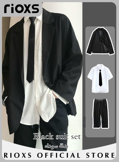 Buy Men's 4 Pieces Fashion Loose Blazer Suit Two Buttons Loose Blazer Jacket & Long Straight Blazer Pants & Short Sleeve White Shirt & Black Tier for  Prom Fashion Party or Daily Wear in Saudi Arabia