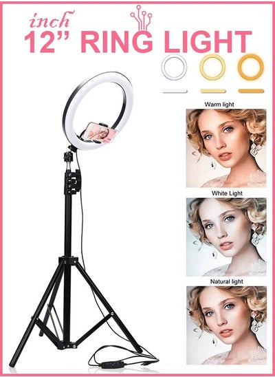 Buy 12 Inch Circle LED Studio 3 Light Modes Selfie Ring Light With Tripod Stand with Cell Phone Holder For Makeup Camera Photography Video Shoot YouTube Video Shoot TikTok Vlog Live Stream Compatible in UAE