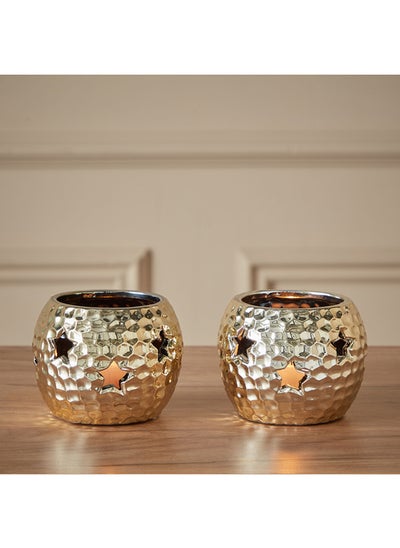 Buy Dune 2-Piece Ceramic Hammered Candle Holder Set 11 x 8.5 x 11 cm in UAE