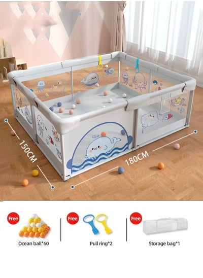 Buy Baby Playpen Fence, Portable Babies Playards for Toddlers, Safety Infant Activity Center,  Sturdy Play Area, with 2 Pull Rings, 60 Marine Balls and Storage Bag, 150x180cm in UAE