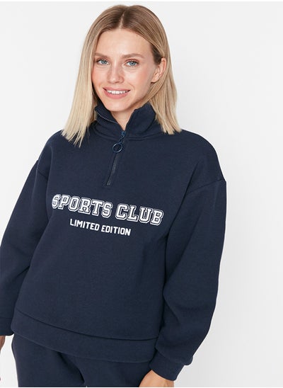 Buy Navy Blue Oversize/Wide Printed Zipper High Neck Thick Fleece Sweatshirt TWOAW23SW00703 in Egypt