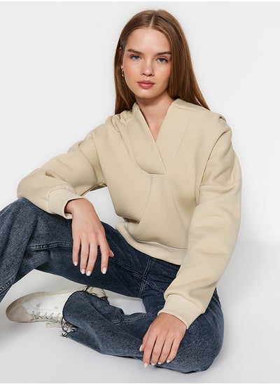 Buy Stone Thick Fleece Hooded Comfort Cut Crop Knitted Sweatshirt TWOAW24SW00065 in Egypt