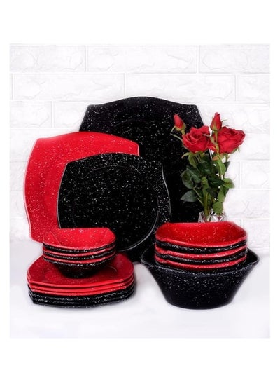 Buy 38 Pieces Melamine Dinner Set Pure Granite Mix Square Red x Black 6149 in Egypt