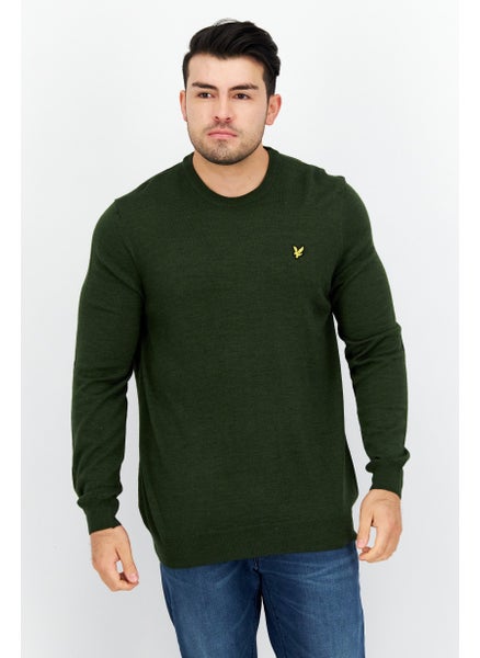 Buy Men Crew Neck Long Sleeve Printed Sweater, Olive in Saudi Arabia