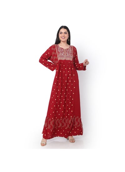 Buy EMBROIDERED WITH DOTTED LONG SLEEVE RED ARABIC JALABIYA DRESS in UAE