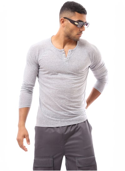 اشتري Buttoned Round Neck Heather Grey Henley Shirt في مصر