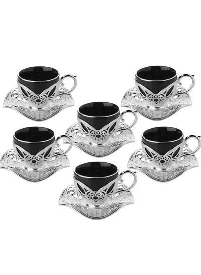 Buy Elegant Turkish Coffee Set of 6 Black Porcelain Cups with Holders and Twisted Silver Copper Saucers – Made in Türkiye in Saudi Arabia