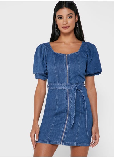 Buy Puff Sleeve Zip Detail Dress in Saudi Arabia