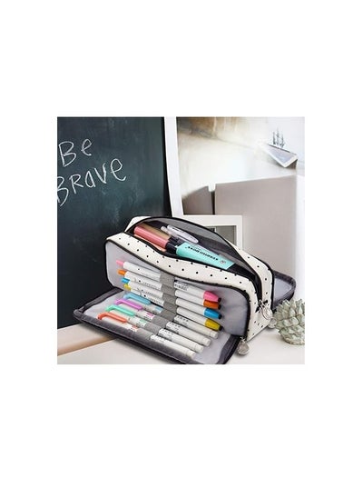 Buy Large Pencil Case Big Capacity 3 Compartments Canvas Pencil Pouch for Teen Boys Girls School Students (Black Dot) in Egypt