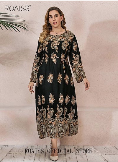 Buy Women's Plus Size Dress Floral Printing Long Loose Flared Sleeve Crew Neck Elegant Dresses with Waist Belt Midi Long Dresses for Spring Summer Fall Wedding Party Dating Black in Saudi Arabia