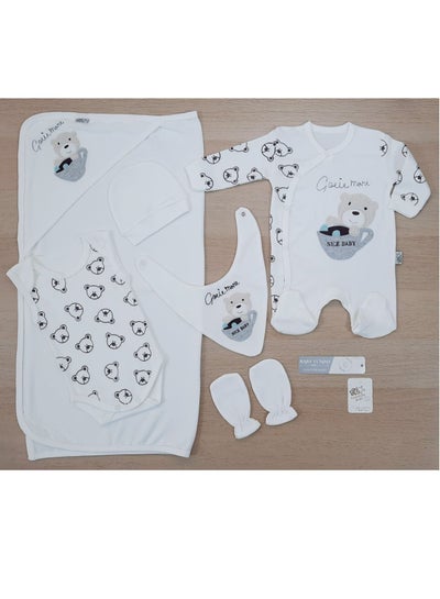 Buy Summer set for a newborn in the hospital, consisting of 7 pieces with a box, bear and cup model, white color in Egypt