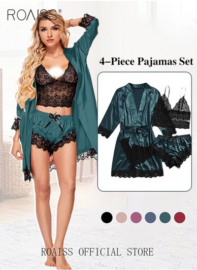 Buy 4 Pack Women's Nightwear Set Silk Satin Sleepwear Pajama Summer Home Wearing Clothes Suits Embroidered Breathable Ladies Lingerie Robe Nightdress Underwear Panties in Saudi Arabia