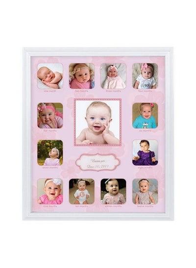 Buy Collage Photo Frame For Baby First Year Keepsake Multi Picture Frames For Baby Newborn 1St Birthday Gift Memory Home Decor Size 11 X 13 X 1 Inch With 13 Slots In Pink White Prime Wood in UAE
