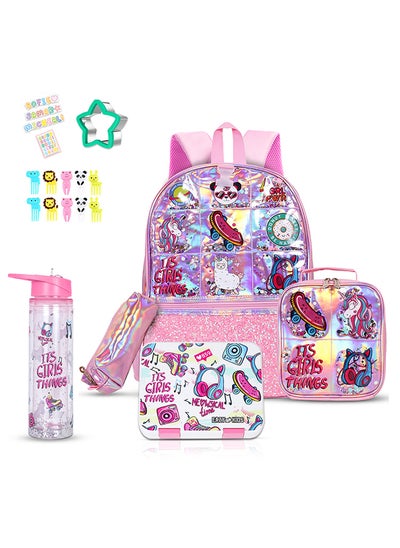 اشتري Eazy Kids - 17" School Bag Bento Box Glitter 550ml Water Bottle Lunch Bag Pencil Case Set of 5 - Girl Things Pink في الامارات