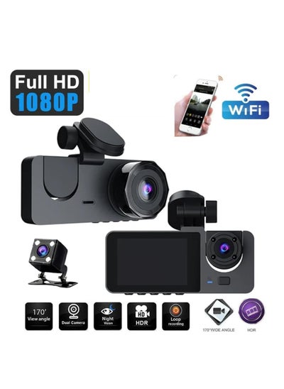 Buy Dash Cam 1080P FHD | Driving Recorder 3 Channel with WiFi | Wide-Angle & Night Vision | G-Sensor & Loop Recording | Waterproof Rear Cam | Vehicle Safety & Surveillance Super HD 1296p in Saudi Arabia