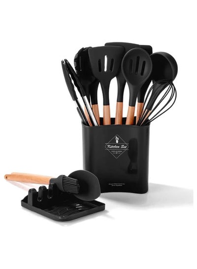 Buy Silicone Cooking Utensil Set, 11 pcs Silicone Kitchen Utensil Set, Wooden Handles Utensils Tool for Nonstick Cookware, Kitchen Tools Set With Storage Bucket and Lid Rest in Saudi Arabia
