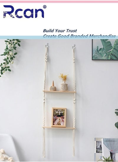 اشتري 2 Tier Boho Style Wooden Wall Hanging Shelves Plants Floating Shelve Storage Organizer with Woven Rope Bookshelves for Bedroom Bathroom Living Room في السعودية