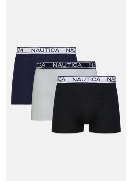 Buy Men 3 Pack Brand Logo Trunks, Navy/Black/Light Blue in UAE