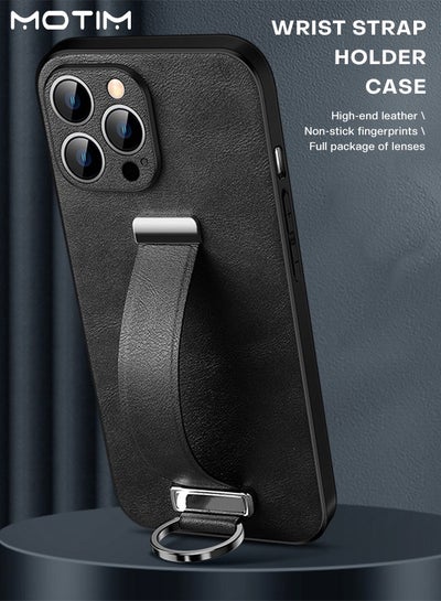 Buy iPhone 14 Pro Leather Case with Ring Holder Phone Case with wrist strap stand Protective Shockproof Cover in UAE