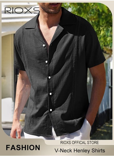 Buy Men's Summer Loose Shirt Cotton Linen Button-Up Top Short Sleeve V-Neck Henley Shirts Casual Comfort Beach Shirt in Saudi Arabia