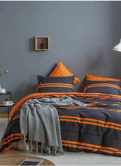 Buy Queen Size 6-Piece Striped Duvet Cover Set in Grey and Orange. in UAE