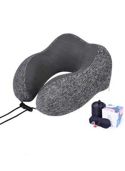 Buy Luxury Memory Foam Travel Pillow with Ear Plugs Eye Mask and Mesh Bag Dark Grey 28x27x14cm in UAE