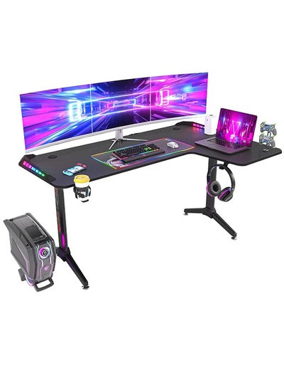 Buy RGB LED Computer Gaming Desk L Shape Corner Desk Larger Game Table 160cm x 100cm Carbon Fiber Black Desktop Gamer Desks with 6 Colors 8 Modes RGB Light Durable Headphone Hook and Cup Holder Right in UAE