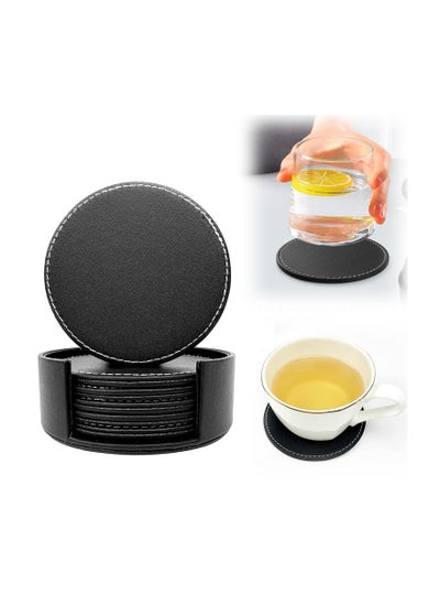 اشتري 6Pcs PU Leather Coasters with Holder for Drinks Heat Resistance Mats Coffee Coaster Protect Furniture for Holding Cups Sports Bottles Black في الامارات