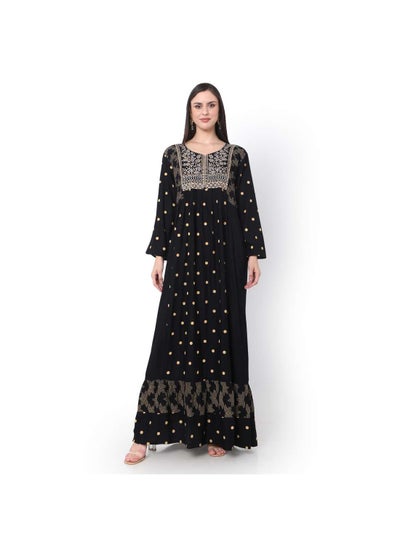 Buy EMBROIDERED WITH POLKA DOT LONG SLEEVE BLACK ARABIC JALABIYA DRESS in UAE