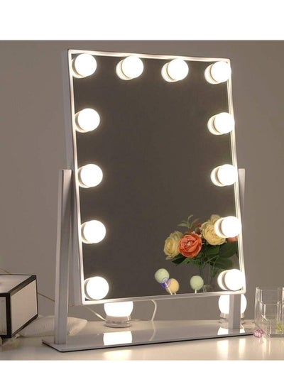 Buy Makeup Mirror with Lighting, Illuminated Standing Mirror for Dressing Table with Dimmable Lamps, White Hollywood Mirror with Light in UAE