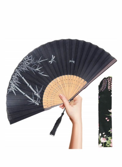 اشتري Folding Hand Fan, Chinese/Japanese Vintage Retro Style Handmade Bamboo Wood Silk Fan with a Fabric Sleeve for Women في السعودية