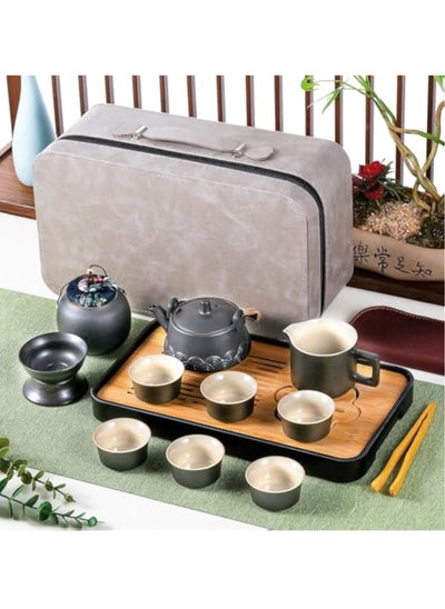 Buy 13 Pcs Gongfu Tea Sets, Chinese Tea Set, Portable Ceramic Tea Set, Black Ceramic Mini Kungfu Tea Set, Asian Tea Set, with Teapot Grey Leather Case Bag, Travel Tea Set, for Home Business Hotel Picnic in Saudi Arabia