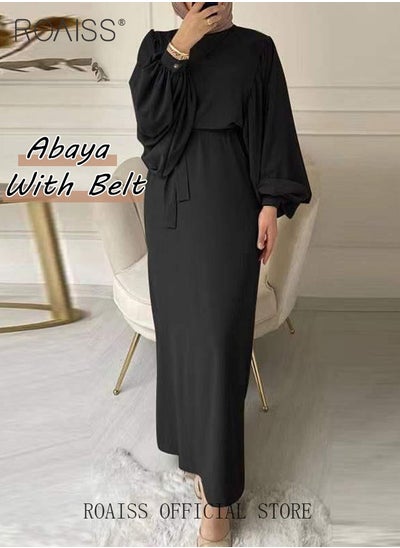 Buy Abaya with Belt for Women Ladies Long Sleeve Dress Classic Style Lantern Sleeve Tunic Round Neck Casual Elegant Dress for Daily Outfit in UAE