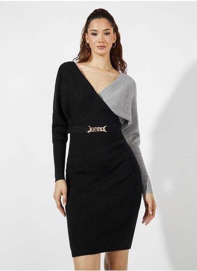 Buy Deep V Neck Colorblock Sweater Knee Length Dress in Saudi Arabia