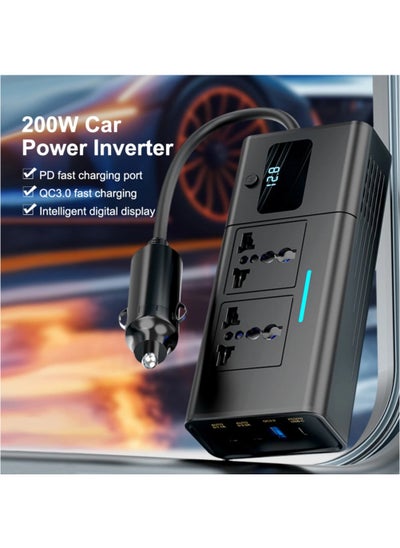 Buy 200W Car Power Inverter/Plug Adapter, DC 12 to 220V AC, 3 USB 1 Type-C Ports Charger Adapter Car Plug Converter with Switch and Current LED Screen in Saudi Arabia