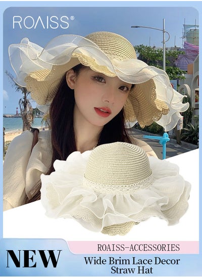 Buy Women's Wide Brim Lace Decor Straw Hat, Summer Sun Protection Wave Hat, Stylish Breathable Beach Straw Hat for Women Beige in Saudi Arabia