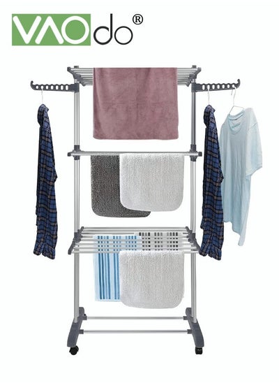 Buy Foldable Clothes Hanger Rack Tiered Laundry Dryer Hanger with Wheels Tiered Stainless Steel with Wings on Both Sides for Drying in UAE