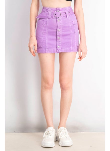 Buy Women Belted Button Mini Skirt, Purple in Saudi Arabia