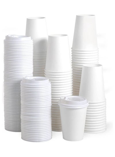 Buy 100- Piece Heavy Duty Paper Cup Set White lid 8ounce in UAE