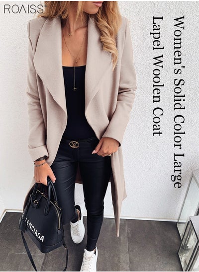 اشتري Women's Fashionable Woolen Coat Autumn And Winter Thin Lapel Coat Classic V-Neck Long Sleeve Waist Tie Holiday Coat في الامارات