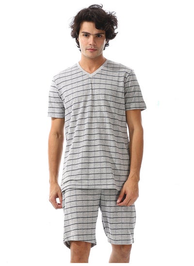 Buy Squared Patterned V-Neck Coin Grey Pajama Set_Grey in Egypt