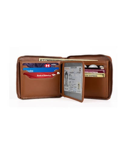 Buy Zipper Wallet for Men Genuine Leather Bifold  Multi Card Holder Rfid Protected Tan in UAE