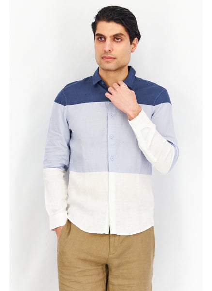 Buy Men Fitted Long Sleeve Color Block Casual Shirt, Blue/Navy/White in UAE